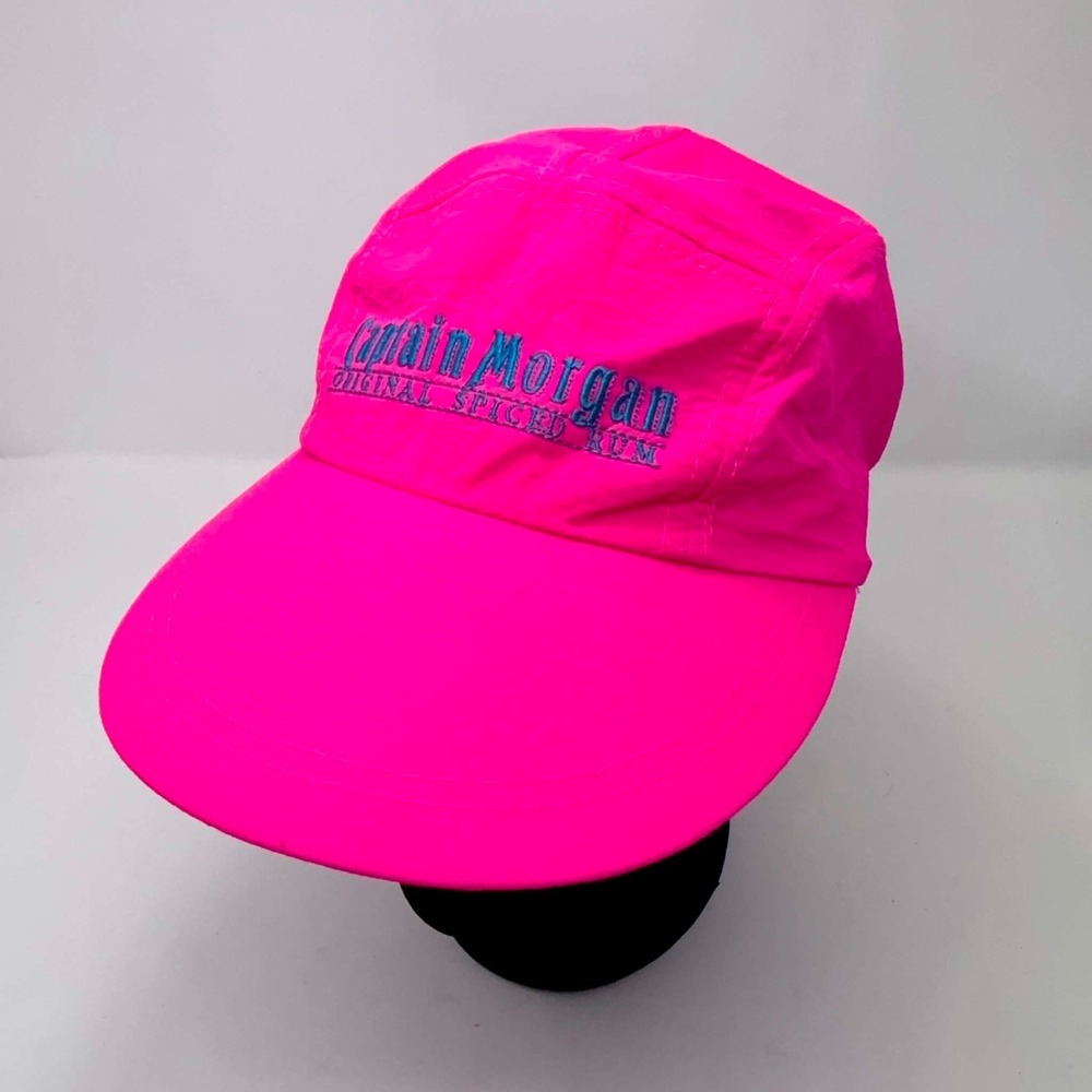 VTG Captain Morgan Neon Pink Spellout Camp Hat 80s 90s Nylon Taiwan OFSA Retro